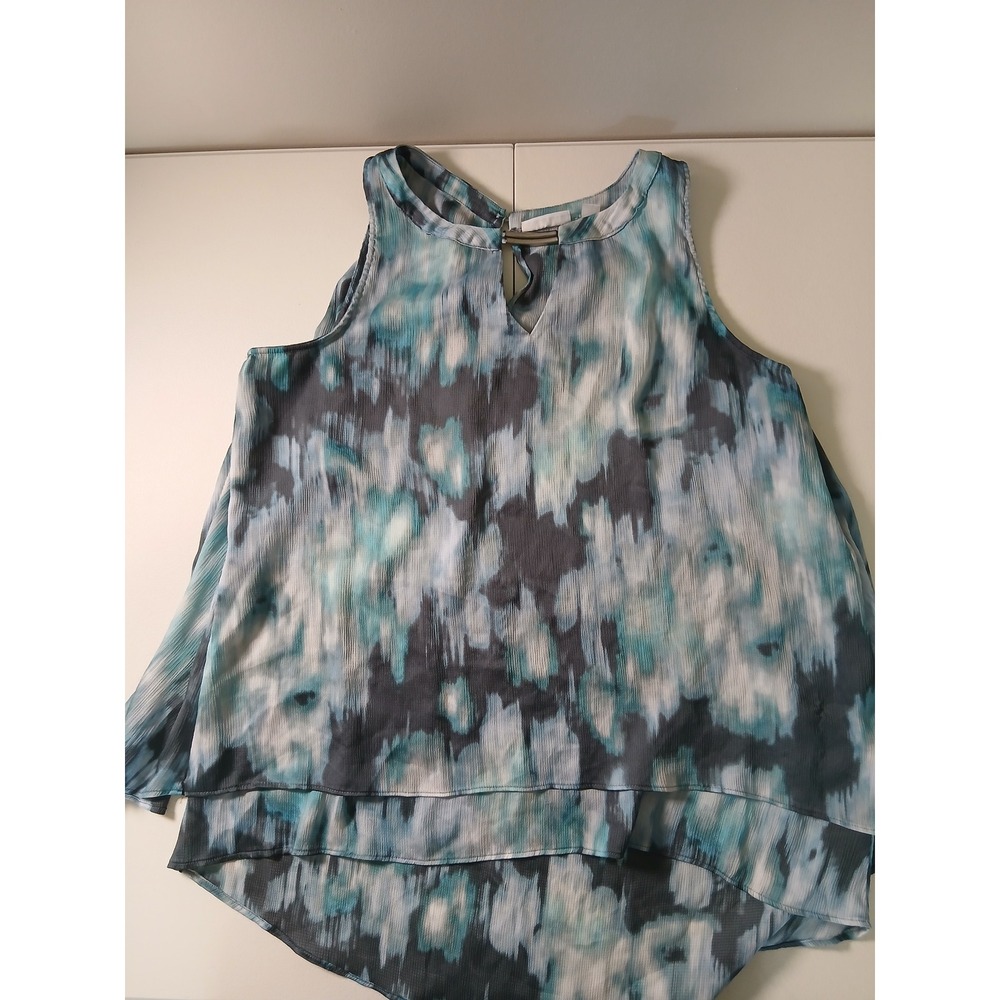 New York & Company Blue Watercolor Abstract Sleeveless Blouse Metal Detail M